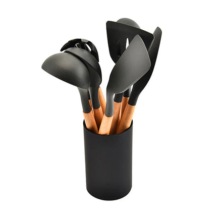 Silicone world Cooking Kitchenware Tool Silicone Utensils With Wooden Multifunction Handle Non-Stick Spatula  Spoon Brush