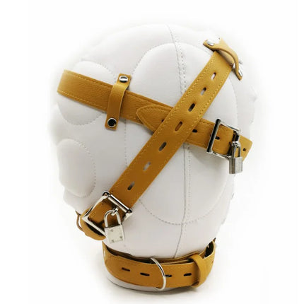 PU Leather Total Sensory Deprivation Full Head Bondage Hood Headgear Mouth Open Lockable Gimp Bondage BDSM Sex Toy for Couple