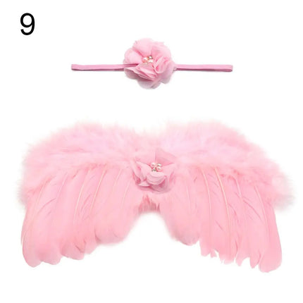 2pcs/set Cute Newborn Angel Feather Wings with Baby Girl Rose Flower Headband Hair Accessories for Infant Photography Props