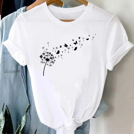 Maycaur Women's Graphic Cartoon Dandelion Print T-Shirt Short Sleeve Ladies Print Clothes Lady Tees Tops Female Women's T-Shirt
