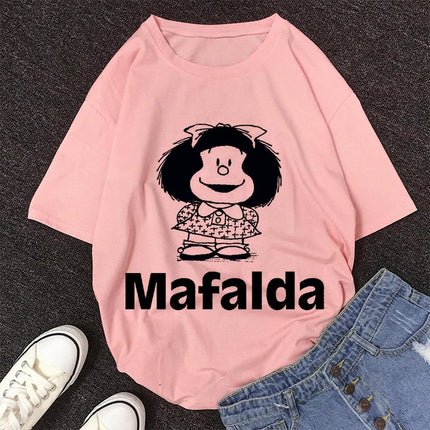2020 New Summer Fashion Female Pink Tops Mafalda Cute Graphic Print T-shirt Women Harajuku Aesthetic White Tops Kawaii Tshirt