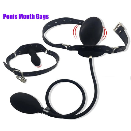 Inflatable Penis Gag Open Mouth Gag Oral Dildo Plug Separate Pump Expandable Big ButtPlug Anal Dilator Lock Bondage BDSM Sex Toy