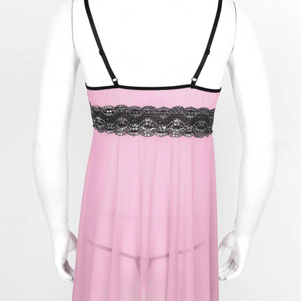 Men Women Babydoll Sleepwear Lace Trim Sissy Lingerie Sets Sling Straps Cross Dress with G-Strings Chemise Nightwear Clubwear