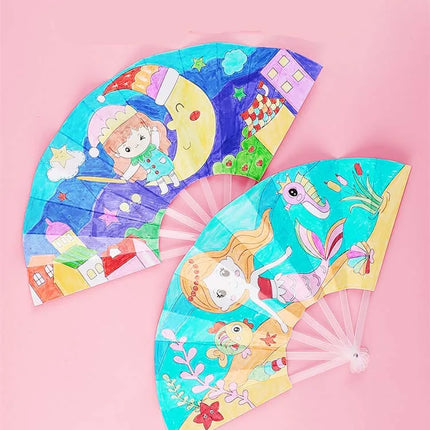 Painting Summer Fan DIY Toys For Children Cartoon Animal Color Graffiti Origami Fan Art Craft Toy Creative Drawing Kids