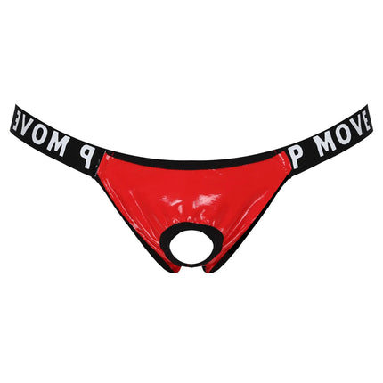 Mens Sexy Patent Leather Lingerie Hollow Out Bulge Pouch Latex Panties Jockstrap T-Back Letter Print Waistband Thongs Underwear