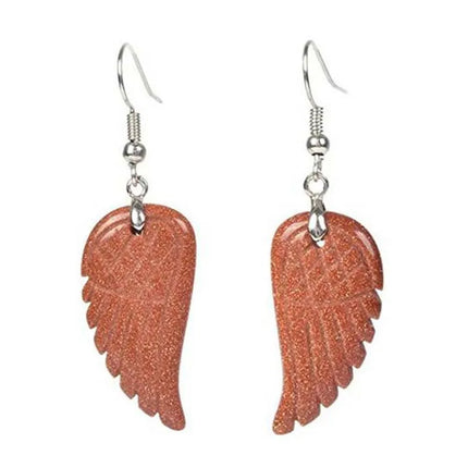KFT Natural Carved Healing Reiki Crystal Quartz Stone Earring Amethysts Lapis Lazuli Angel Wing Dangle Hook Stone Earrings
