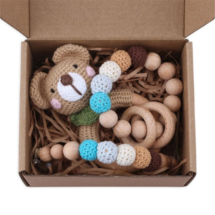 3Pcs/set Infants Shower Gift Baby Pacifier Chain Clip Beech Teether Wooden Teething Ring Newborn Crochet Animal Rabbite Rattle