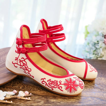 Veowalk Sunflower Embroidered Women Canvas Ballet Flats Ankle Strap Ladies Casual Cotton Chinese Embroidery Ballerina Shoes