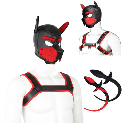 SexShop Puppy Play Dog Hood Mask Neck Collar Bdsm Bondage Chest Harness Strap Dog Tail Butt Plug Adult Game Sex Toys For Couples