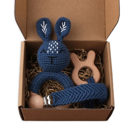 3Pcs/set Infants Shower Gift Baby Pacifier Chain Clip Beech Teether Wooden Teething Ring Newborn Crochet Animal Rabbite Rattle