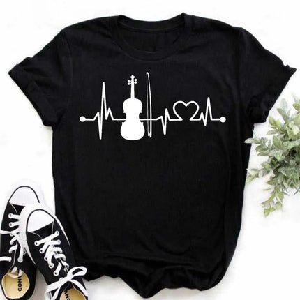 New Harajuku Funny Music Note Art T-Shirt Fashion Women T-Shirt Music Tops Short Sleeves Black T-Shirt Ladies Casual Tees Top