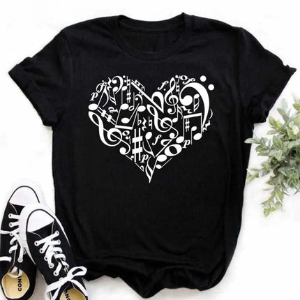 New Harajuku Funny Music Note Art T-Shirt Fashion Women T-Shirt Music Tops Short Sleeves Black T-Shirt Ladies Casual Tees Top