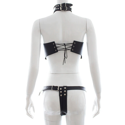 Thierry Adult Games Fetish  Leather Women's Bondage Cupless Bare Breast Open The Crotch With Neck Collar Chastity Device