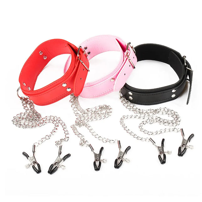 Leather Choker Neck Collar Metal Chain Nipple Breast Clamp Clip BDSM Bondage Slave Erotic Sex Toys For Women Couples Adult Games