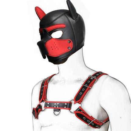 Fashion Puppy Cosplay Dog Mask Head Gear Party PU Leather Rubber Unisex Masks Adjustable Shoulder Strap Leather Chest Harness