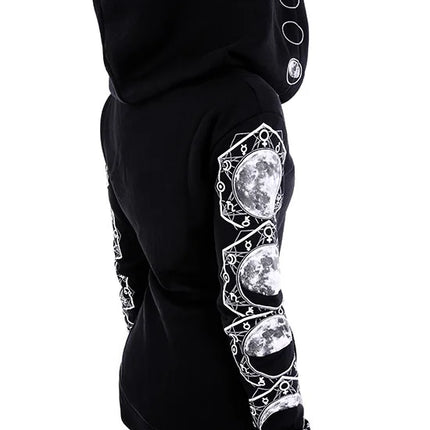 Fashion Trend Women's Punk Black Hoodie Moon Print Long-sleeved Sweater