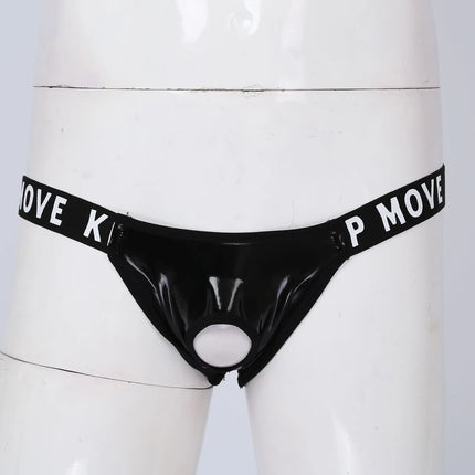 Mens Sexy Patent Leather Lingerie Hollow Out Bulge Pouch Latex Panties Jockstrap T-Back Letter Print Waistband Thongs Underwear