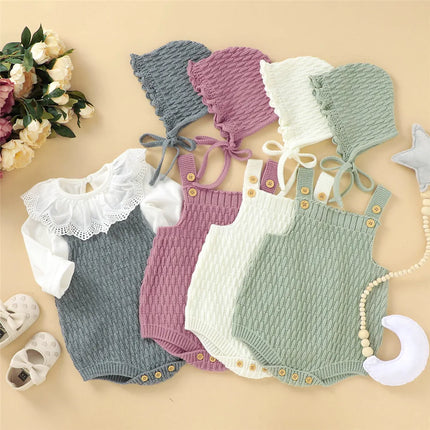 2Pcs Set Baby Knitted Romper Clothes Set Cotton e Crotch Button Cotton Jumpsuit+Hats Toddler Baby Boys Girls Outfits