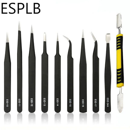 9-10pcs/Set ESD Stainless Steel Tweezers Precision Anti-Static Industrial Repair Tools Tweezers for Electronics Soldering Craft