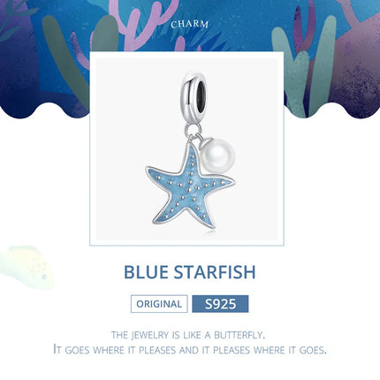 WOSTU 925 Sterling Silver Blue Conch Charm Ocean Bead Animal Turtle Starfish Pendant Fit Original Bracelet Necklace DIY Jewelry