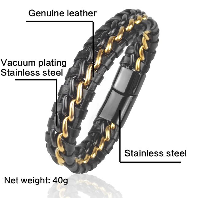 Genuine Leather Chain Bracelet for Men Magnetic Stainless Steel Clasp in Plated Gold Exclusive Jewellery Gift Wholesale Dropshipping