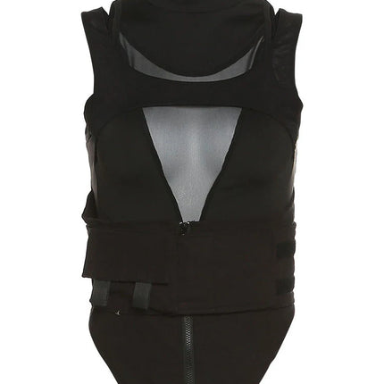 Sisterlinda Spring Mesh Patchwork Sexy Cool Moto Y2K Tank Top Women Skinny Belt Zip Multi-Layer Sporty Locomotive Trend Vest2022