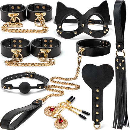 BLACKWOLF BDSM Bed Bondage Kits Genuine Leather Restraint Set Handcuffs Collar Gag Erotic Sex Toys For Women Couples Adult Games