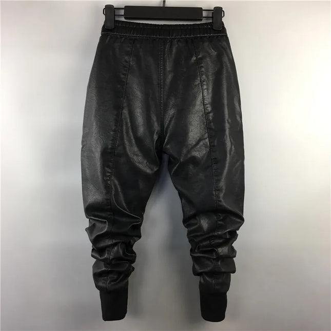 Owen Seak Men Casual Cargo Harem Pants High Street Hip Hop Length PU Faux Leather Sweatpants Autumn Winter Black Big Size