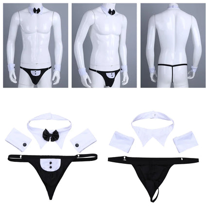 Men Butlers Waiter Lingerie Set French Maid Role Play Costume Triangle Bowknot Thong Briefs Underwear with Collar Cuffs Clubwear