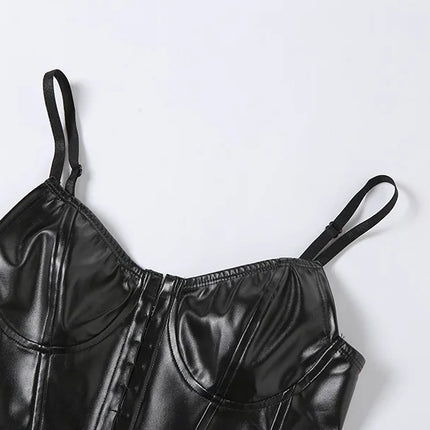 Sisterlinda Sexy Punk Y2K Black PU Leather Crop Top Womens Sleeveless Deep V Neck Backless Camisole Fashion Party Club Vests2021