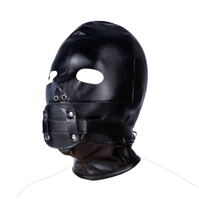 SM Leather Hood Blindfold, Head Harness Mask With Dildo Penis Mouth Gag, Fetish Slave BDSM Bondage Gimp, Adult Sex Toy For Women Men