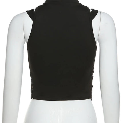 Sisterlinda Spring Mesh Patchwork Sexy Cool Moto Y2K Tank Top Women Skinny Belt Zip Multi-Layer Sporty Locomotive Trend Vest2022