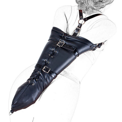 BDSM Binding Arm Binder,Behind Back Straight Jacket,Leather Armbinder Bondage Slave Lockable Glove Handcuff With Shoulder Straps