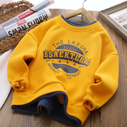 New Autumn winter Boys girls Fleece Thickened Sweater Cartoon Printed Letters Children's Leisure Fake 2 Piece Warm Top 3-14Y