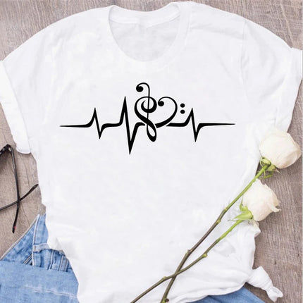 New Harajuku Funny Music Note Art T-Shirt Fashion Women T-Shirt Music Tops Short Sleeves Black T-Shirt Ladies Casual Tees Top