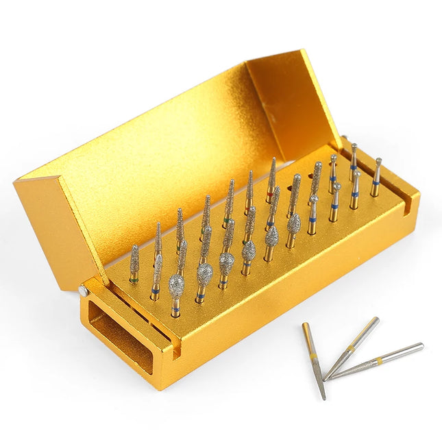 Dental Diamond Polishing Kit - 30pcs High-Speed Burs 1 Aluminum Disinfection Block for Teeth Grinding, Shaping & Polishing