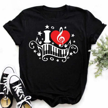 New Harajuku Funny Music Note Art T-Shirt Fashion Women T-Shirt Music Tops Short Sleeves Black T-Shirt Ladies Casual Tees Top