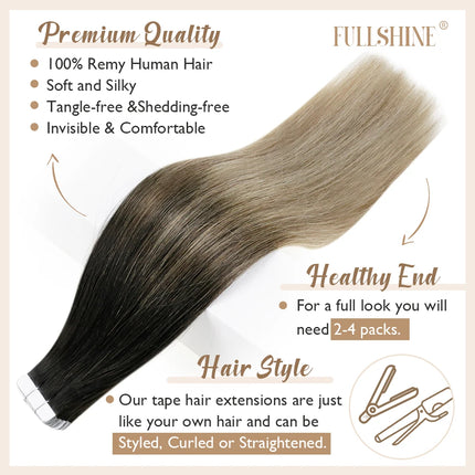 Full Shine Natural Hair Tape in Extensions 100% Remy Human Hair Ombre 40pcs 100g Balayage Seamless Blonde Glue On Hair For Woman