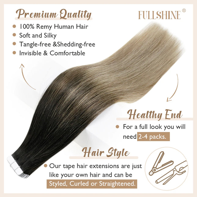 Full Shine Natural Hair Tape in Extensions 100% Remy Human Hair Ombre 40pcs 100g Balayage Seamless Blonde Glue On Hair For Woman