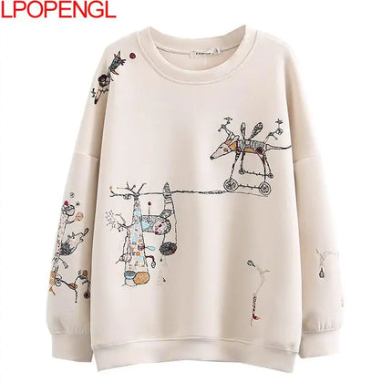 Harajuku Sweatshirt Women 2026 Autumn Winter New Fashion Casual Stitch-embroidered Long-sleeved O- Neck Breathable Hoodie Top