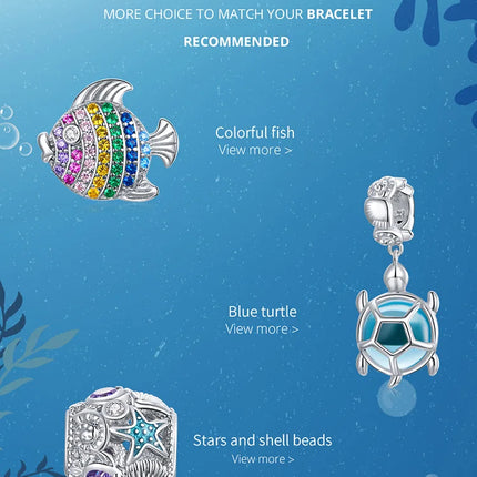 WOSTU 925 Sterling Silver Blue Conch Charm Ocean Bead Animal Turtle Starfish Pendant Fit Original Bracelet Necklace DIY Jewelry