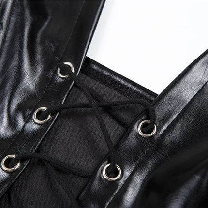 Sisterlinda Sexy Punk Y2K Black PU Leather Crop Top Womens Sleeveless Deep V Neck Backless Camisole Fashion Party Club Vests2021