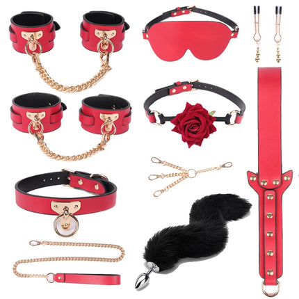 Luxury Genuine leather BDSM Kits Bed Bondage Set Restraint Handcuffs Collar Gag Erotic Sex Toys For Women Couples Adult Games