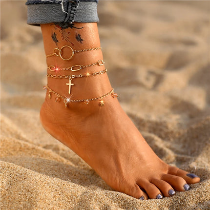 Fashion Gold Color  Snake Chain Multilayer Anklets Women Beads Anklet Leg Chain Ankle Bracelets Beach Foot Jewelry Accessories