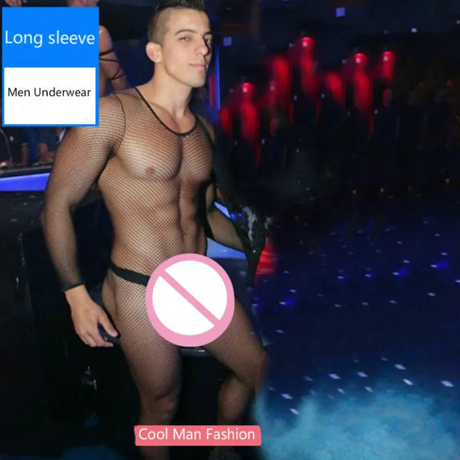 Men's Underwear Cool Man Fashion Lingerie Open Crotch Nightgown Pantyhose High Elastic Bodystockings Male Teddy Fishnet Bodysuit