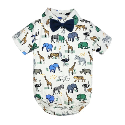 Newborn Boys Bodysuit with Bow Tie Cotton Baby Romper Soft Cartoon Animal Print Formal Short Sleeve Children Top Costume