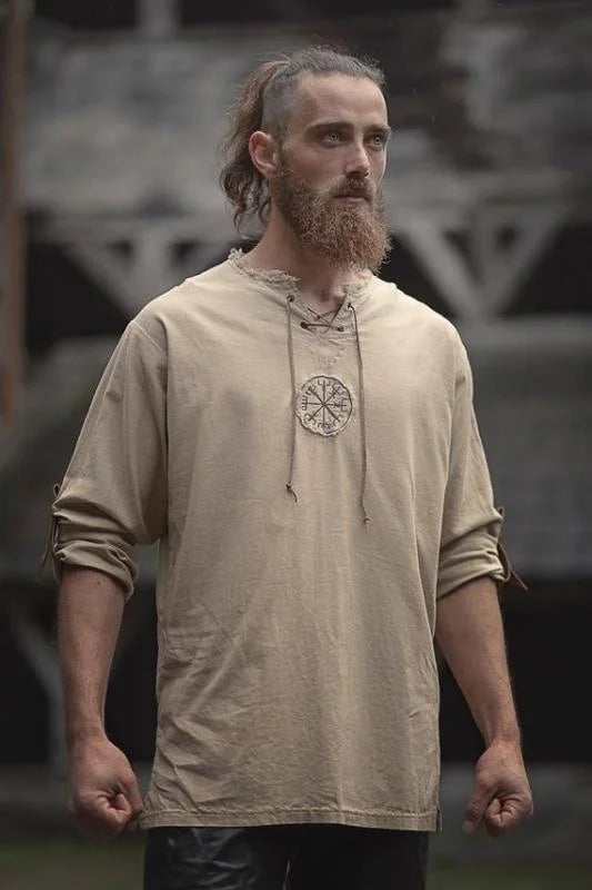 Men Plus Size Shirt Top Ancient Viking Embroidery Lace Up V Neck Long Sleeve Shirt Top For Men's Clothing