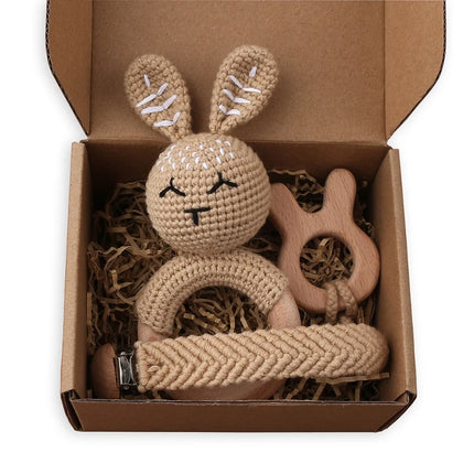 3Pcs/set Infants Shower Gift Baby Pacifier Chain Clip Beech Teether Wooden Teething Ring Newborn Crochet Animal Rabbite Rattle