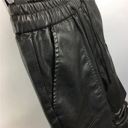 Owen Seak Men Casual Cargo Harem Pants High Street Hip Hop Length PU Faux Leather Sweatpants Autumn Winter Black Big Size