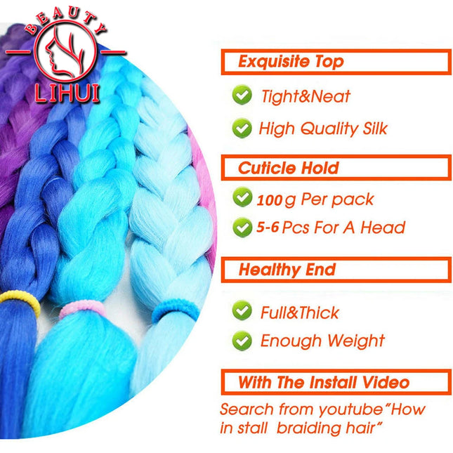 24 Inches Synthetic Braiding Hair Jumbo Braid Ombre Jumbo Hair Extension For Women DIY Hair Braids Purple Pink Yellow Gray Lihu